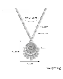 Round Brand Inset Zircons Eye Pendant Necklace Wholesale Stainless Steel Necklace-Steel Color-White