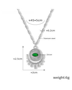 Round Brand Inset Zircons Eye Pendant Necklace Wholesale Stainless Steel Necklace-Steel Color-Green