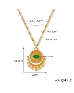 Round Brand Inset Zircons Eye Pendant Necklace Wholesale Stainless Steel Necklace-Gold Color-Green