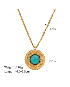 Wholesale French Elegant Fashion INS Style 18k Gold Round Pendant Stainless Steel Necklace Earrings Ring Set -Necklace-Green