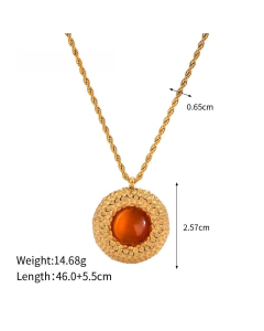 Wholesale French Elegant Fashion INS Style 18k Gold Round Pendant Stainless Steel Necklace Earrings Ring Set -Necklace-Orange