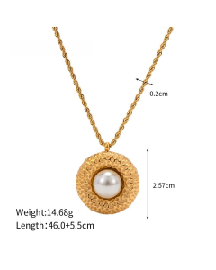 Wholesale French Elegant Fashion INS Style 18k Gold Round Pendant Stainless Steel Necklace Earrings Ring Set -Necklace-White