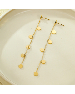 Gold Color Plated 18K Gold Round Piece Long Tassel Stainless Steel Earrings