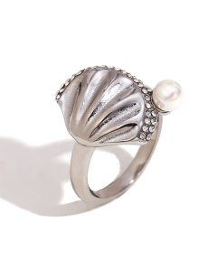 Steel Color Plated 18K Gold Scallop Pearl Diamond Inlaid Stainless Steel Ring 