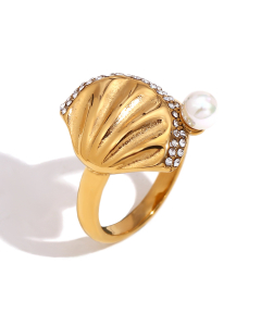Gold Color Plated 18K Gold Scallop Pearl Diamond Inlaid Stainless Steel Ring 