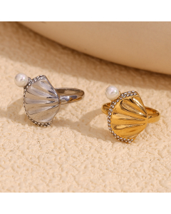 Wholesale Stainless Steel Ring Scallop Pearl Diamond Inlaid Ring