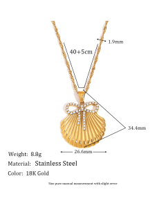 Wholesale Stainless Steel Necklace Scallop With Starfish Bow Pendant Necklace -Gold Color-02
