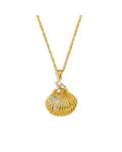 Wholesale Stainless Steel Necklace Scallop With Starfish Bow Pendant Necklace -Gold Color-01