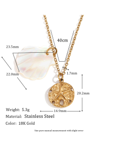 Plated 18K Gold Round Pendant Stainless Steel Shell Necklace 