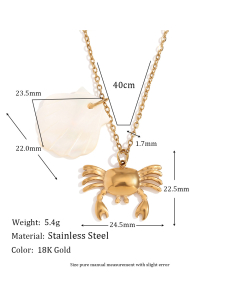 Fashion Niche Plated 18K Gold Crab Pendant Stainless Steel Shell Necklace 