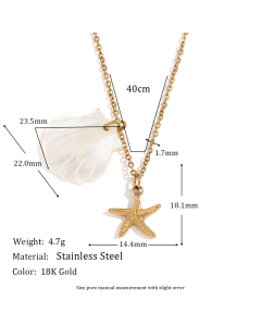 Plated 18K Gold Starfish Pendant Stainless Steel Shell Necklace 