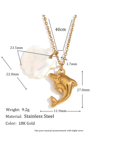 Cute Plated 18K Gold Dolphin Pendant Stainless Steel Shell Necklace 
