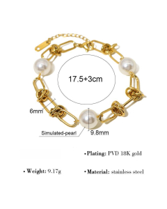 French Style PVD 18K Gold Simulated-pearl Bracelet Stainless Steel Pearl Bracelet 
