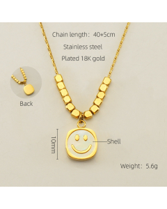 Fashion Small Gold Square Smiley Face Rabbit Shell Inlaid Necklace Stainless Steel Pendant Necklace 