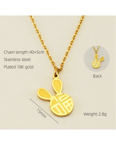 Daily Style Small Gold Square Smiley Face Rabbit Shell Inlaid Necklace Stainless Steel Pendant Necklace 