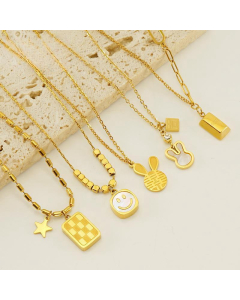 Wholesale Stainless Steel Pendant Necklace INS Style Cute Small Gold Square Smiley Face Rabbit Shell Inlaid Necklace