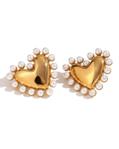 Gold Color Plated 18K Gold Smooth Love Pearl Inlaid Stainless Steel Love Earrings 