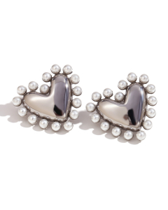 Steel Color Plated 18K Gold Smooth Love Pearl Inlaid Stainless Steel Love Earrings 