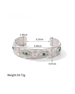 French Style Vintage Women 18K Gold Zircons Green Peacock Square Devil's Eye Stainless Steel Necklace Bracelet Ring Wholesale-Bracelet-Steel Color