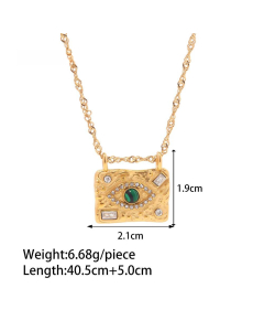 French Style Vintage Women 18K Gold Zircons Green Peacock Square Devil's Eye Stainless Steel Necklace Bracelet Ring Wholesale-Necklace-Gold Color