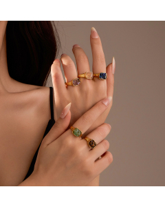 Wholesale Stainless Steel Ring Vintage French Style Square Inlaid Natural Stone Non-fading Ring