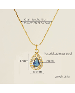 Wholesale Stainless Steel Pendant Necklace Square Round Oval Flower Heart Zircon Inlaid Necklace-01-Blue