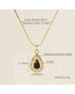 Wholesale Stainless Steel Pendant Necklace Square Round Oval Flower Heart Zircon Inlaid Necklace-01-Black