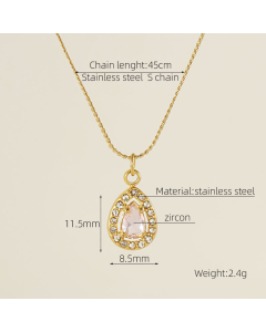Wholesale Stainless Steel Pendant Necklace Square Round Oval Flower Heart Zircon Inlaid Necklace-01-Pink