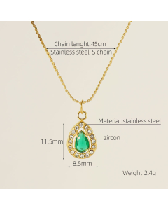 Wholesale Stainless Steel Pendant Necklace Square Round Oval Flower Heart Zircon Inlaid Necklace-01-Green