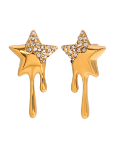 Gold Color Diamond Inlaid Five-pointed Star Fringe Stainless Steel Earrings 
