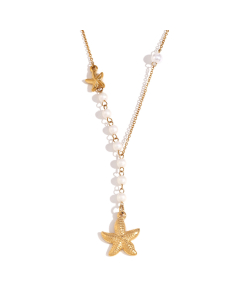 Gold Color Plated 18K Gold Starfish Pearl Pendant Asymmetrical Stainless Steel Necklace 