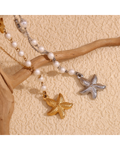 Wholesale Stainless Steel Necklace Starfish Pearl Pendant Asymmetrical Necklace