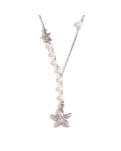 Steel Color Plated 18K Gold Starfish Pearl Pendant Asymmetrical Stainless Steel Necklace 