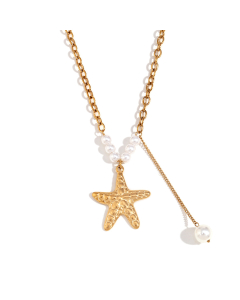 Gold Color Starfish Imitation Pearl Fringe Pendant Stainless Steel Necklace 