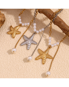 Wholesale Stainless Steel Necklace Starfish Imitation Pearl Fringe Pendant Necklace