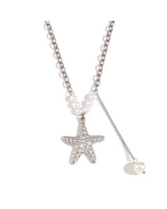 Steel Color Starfish Imitation Pearl Fringe Pendant Stainless Steel Necklace 