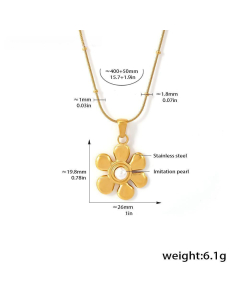 Gold Color French Style Sunflower Imitation Pearl Pendant Stainless Steel Necklace 