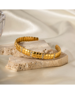 Trendy INS Style Design Of 18k Gold Stainless Steel Diamond Inlaid Bread Pattern Opening Bangle Fine Jewelry
