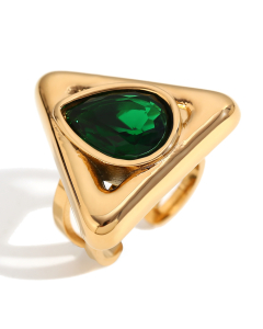 Green Water Drop Diamond Triangle Opening Stainless Steel Ring