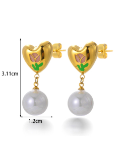 Wholesale Stainless Steel Earrings Tulip Love Pearl Earrings-Gold Color-01