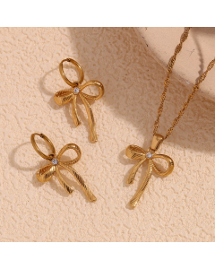Wholesale Stainless Steel Fine Jewelry Temperament Sweet Twill With Diamond Bow Pendant Necklace