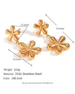 Gold Color Plated 18K Gold Two Small Flower Pendant Stainless Steel Earrings