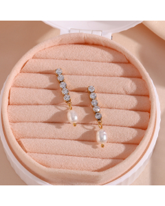 Wholesale Stainless Steel Earrings Light Luxury Elegant Zircon Chain Freshwater Pearl Earrings
