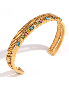 Elegant Light Luxury Zircon Inlaid Double Fishbone Open Bracelet Stainless Steel Bangle 