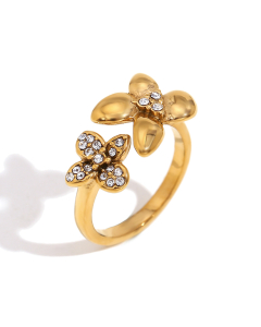 Golde Color Plated 18K Gold Asymmetrically Sized Flower Opening Stainless Steel Ring 