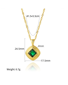 High Quality Zircon Inlaid Square Pendant Clavicle Chain Stainless Steel Plated Gold Necklace 