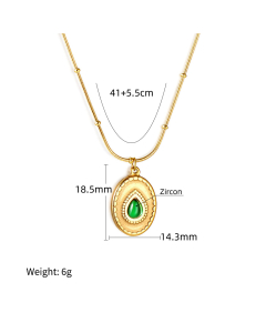 Fashion Zircon Inlaid Oval Pendant Clavicle Chain Stainless Steel Plated Gold Necklace 