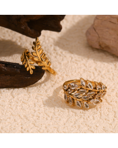 Wholesale Stainless Steel Opening Ring Diamond Inlaid Leaf Shape Ring