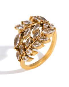 Fashion Plated 18K Gold Diamond Inlaid Leaf Shape Stainless Steel Opening Ring 