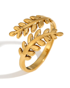 INS Style Plated 18K Gold Diamond Inlaid Leaf Shape Stainless Steel Opening Ring 